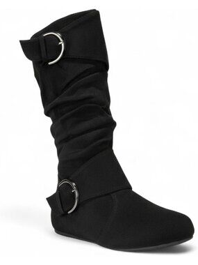 Women's Black Suede Comfortable Round Toe Buckle Side Zip Mid-Calf Low Heel Boot
